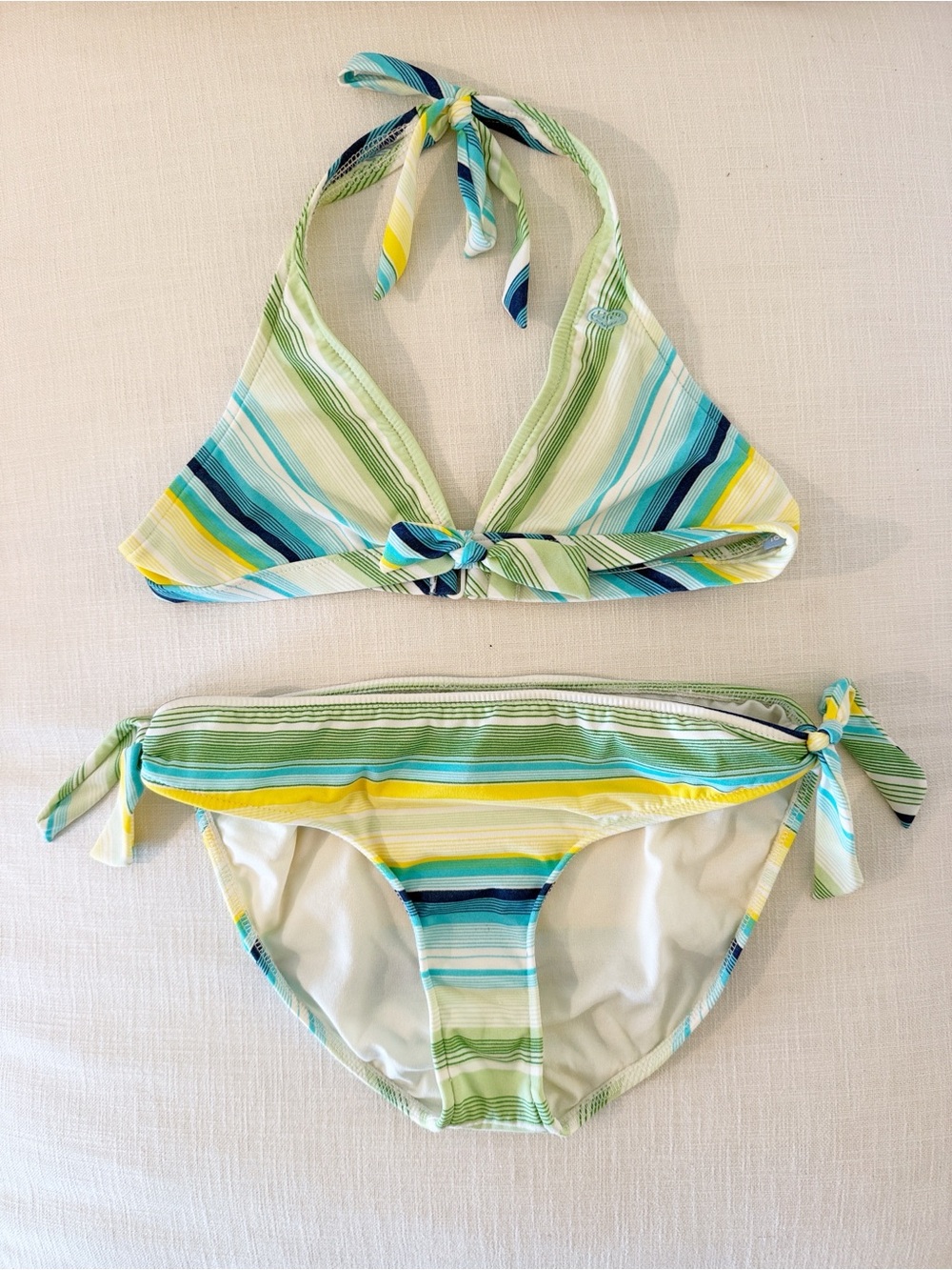 Roxy Girls Striped Halter Bikini 2 Piece Swimsuit Blue Green Yellow Side Tie